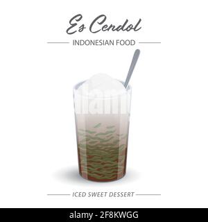 Es Cendol in the glasses is a traditional Indonesian iced sweet dessert. Stock Vector