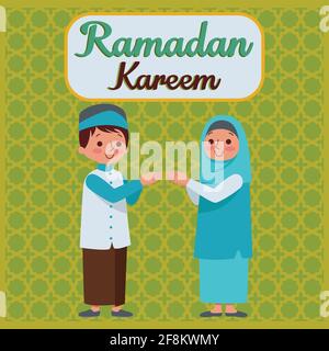 Two children are shaking hands to forgive each other to welcome the month of Ramadan. Stock Vector