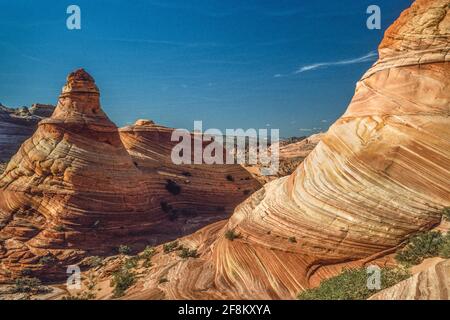 Erosion-sculpted teepees in Coyote Buttes are cross-bedded aeolian Jurassic Navajo Sandstone.  Paria Canyon-Vermillion Cliffs Wilderness Area, Vermili Stock Photo