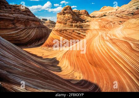 The Wave is a striated sandstone formation in North Coyote Buttes, Paria Canyon-Vermilion Cliffs Wilderness, Vermilion Cliffs National Monument, Arizo Stock Photo