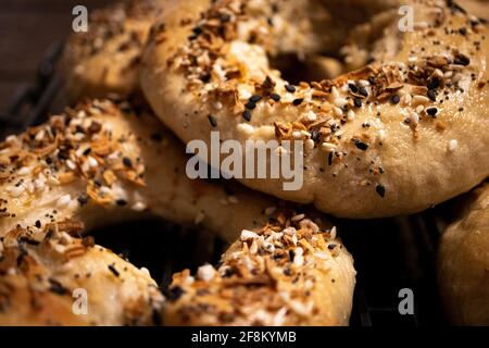 Top down view of everything bagels Stock Photo