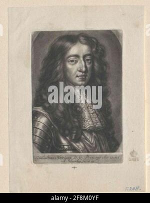 Wilhelm III., Prince of Orania, King of England Chest Image, half of the right; with Allon wig, top jabot; in Harnic, with ferrand over the right shoulder; in a strongly cut oval; Underneath writing strip with single line Latin. Legend, in the second line designation of the artist and publishers. Taper, made and moving from Abraham Bloteling. Stock Photo