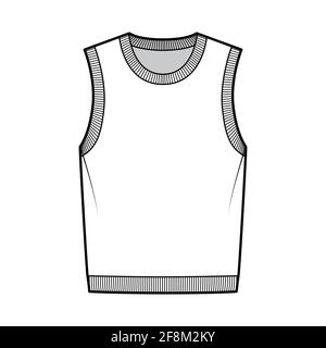 Pullover vest sweater waistcoat technical fashion illustration with sleeveless, rib knit round neckline, oversized body. Flat template front, white color style. Women, men, unisex top CAD mockup Stock Vector