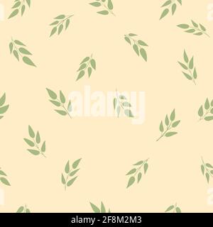 Vector simple floral seamless pattern. Natural background. Summer green leaves on light beige background. Cute simple print. Stock Vector