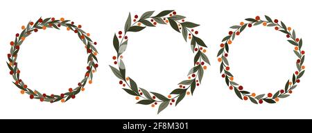Floral hand drawn decorative green circle frames collection. Vintage wreath design. Vector illustration set for your design, card, invitation. Stock Vector