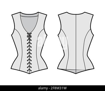 Bodice vest waistcoat technical fashion illustration with sleeveless, V-neck, lacing front closure, fitted body. Flat template back, white, grey color style. Women, men, unisex top CAD mockup Stock Vector