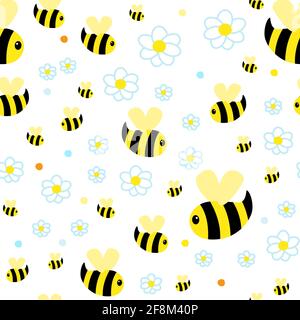 Funny yellow bee character. Children repeating pattern with abstract bee in meadow. Vector Seamless pattern with flowers chamomile. Stock Vector