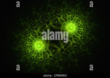 Green cells in structure, fractal. Abstract bio mitosis background. Rendered close up illustration. Background science/medical concept. Biochemistry c Stock Photo