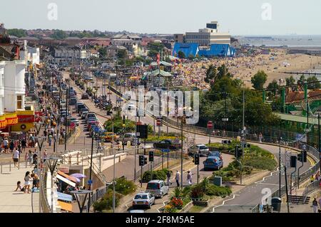 High views of Southend on Sea seafront in summer 2007. Jubilee Beach, Marine Parade, busy with queue of cars. People on beaches