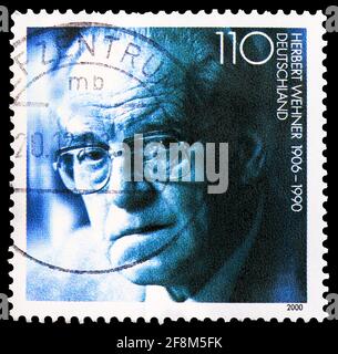 MOSCOW, RUSSIA - NOVEMBER 10, 2019: Postage stamp printed in Germany shows Herbert Wehner (1906-1990), politician, 10th Death Anniversary of Herbert W Stock Photo