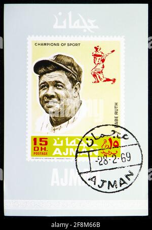 MOSCOW, RUSSIA - OCTOBER 5, 2019: Postage stamp printed in Ajman (United Arab Emirates) shows Block: Babe Ruth (1895-1948), American professional base Stock Photo