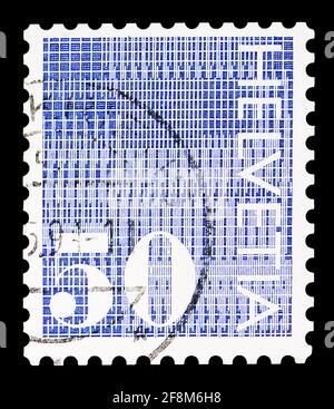 MOSCOW, RUSSIA - SEPTEMBER 30, 2019: Postage stamp printed in Switzerland shows Digits '50' on patterned background, Numeral serie, circa 1970 Stock Photo