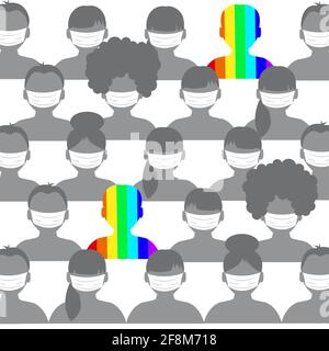 Rainbow man gray crowd in stylish style. Social diversity concept. People diversity. Vector isolated illustration. Confident person. Success symbol. Stock Vector
