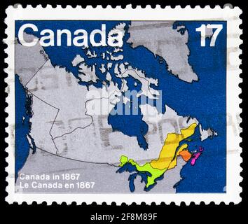 MOSCOW, RUSSIA - OCTOBER 4, 2019: Postage stamp printed in Canada shows Canada since 1949, Canada Day - Maps serie, circa 1981 Stock Photo