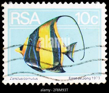 MOSCOW, RUSSIA - SEPTEMBER 30, 2019: Postage stamp printed in South Africa shows Moorish Idol (Zanclus cornutus), Definitives Flora and Fauna serie, c Stock Photo