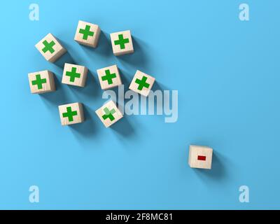 Wood blocks with plus and minus on blue background. Pros cons concept. 3d illustration. Ten. Stock Photo