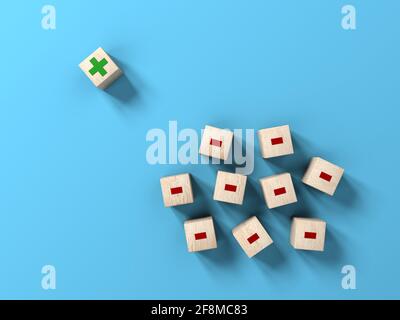 Wood blocks with plus and minus on blue background. Pros cons concept. 3d illustration. Ten. Stock Photo