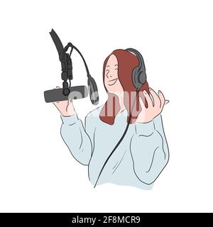 woman in headphones and microphone recording audio broadcast illustration vector. Podcast concept. Stock Vector