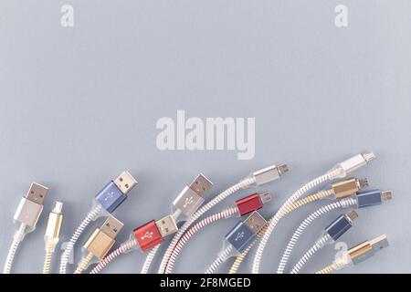 USB (Universal Serial Bus)  cables Connectors plugs with copy space universal standart for computer different types cables and Ports peripheral Stock Photo