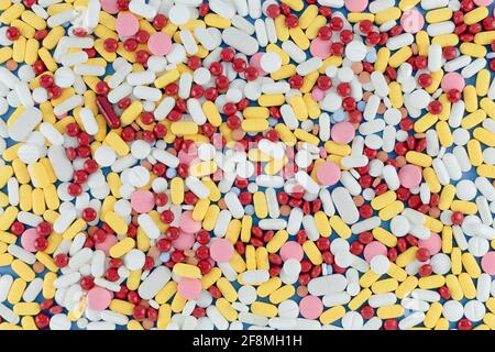 Heap of various Of Multi Colored Pills Medicine concept Flat Lay  Full Frame Shot Stock Photo