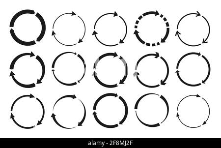 Black silhouette round recycle icons set. Rotate circle arrows symbols. Eco rotation, infographics element for website, apps. Logo for using recycled resources. Isolated on white vector illustration Stock Vector