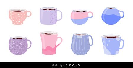 Collection pink ceramic cups. Set icons of mugs with various ornaments filled with drink, hot tea or coffee. Doodle abstract, linear, pot pattern on cup. Flat cartoon style design. Vector illustration Stock Vector