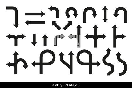 Black silhouette road sign. Flat icon navigation or direction way. Rounded arrow. Design template of various pointer, traffic turn, branching, double cursor. Driving arrow Isolated vector illustration Stock Vector