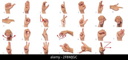 Language of deaf mute hands. Set of pictures of hands and fingers with sign language isolated on white background. Expressiveness asl gestures alphabe Stock Photo
