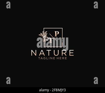 PT letters Beautiful floral feminine editable premade monoline logo suitable, Luxury feminine wedding branding, corporate. Stock Vector