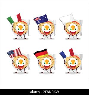 Noodles cartoon character bring the flags of various countries. Vector illustration Stock Vector