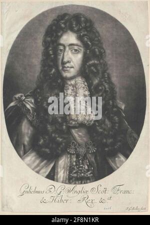 Wilhelm III., Prince of Orania, King of England Aks King of England in the Ornate of Trouser Band Order: Almost Half Figure, En Face from Left; with allon wig; Lacy jabot; Collanes, religious and coat cloak; In oval; Below the representation of two-line Latin. Legend, the right name, both tusch calligraphy. Stable of Johann Georg Seiller. Stock Photo