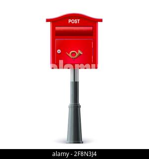 Red post box isolated on white background. Mailbox in old vintage style. Stock Vector