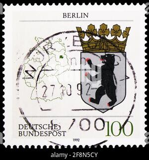 MOSCOW, RUSSIA - SEPTEMBER 30, 2019: Postage stamp printed in Germany shows Berlin Coat of Arms, Coat of Arms of the Federal States of Germany serie, Stock Photo