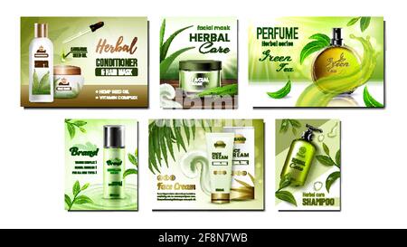 Herbal Cosmetic Promotional Posters Set Vector Stock Vector