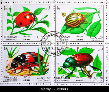 MOSCOW, RUSSIA - OCTOBER 4, 2019: Four postage stamps printed in Sharjah shows , Bugs serie, circa 1972 Stock Photo
