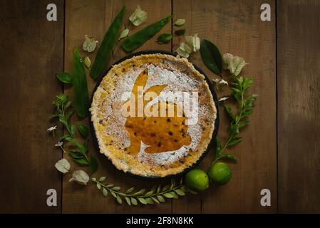 Beautifully decorated Traditional Swiss Easter Cake with a bunny shaped icing sugar decoration. Stock Photo