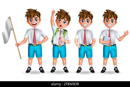 School boy character vector set. Student male 3d characters friendly standing with notebook and flag elements for back to school educational Stock Vector