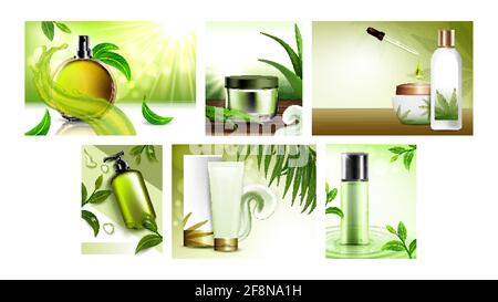 Herbal Cosmetic Promotional Posters Set Vector Stock Vector