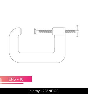 Clamp for carpentry and locksmithing. Linear design. On a white background. Tools for carpenters and carpenters. Flat vector illustration. Stock Vector