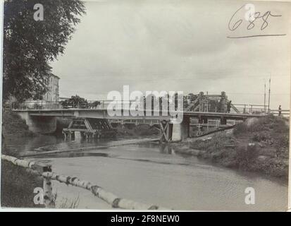 Blasted iron concrete bridge in Brzezany, new building. Stock Photo