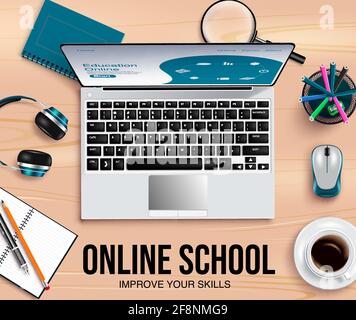 Online school education vector banner background. Online school improve yor skills text with digital tools like laptop, mouse and headphones elements. Stock Vector