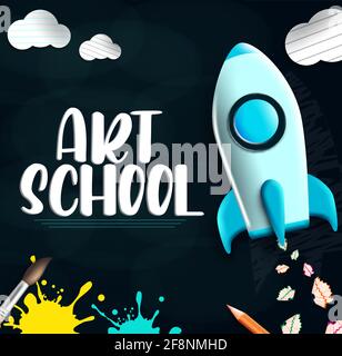 Art school vector template design. Art school text with launching rocket sharpener, color pencil and paint brush element for creative educational. Stock Vector