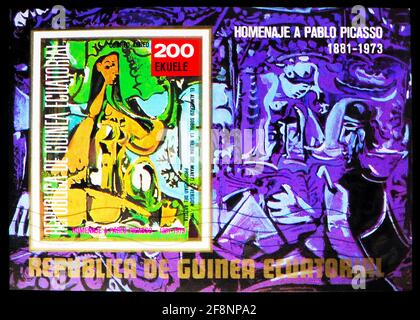 MOSCOW, RUSSIA - OCTOBER 5, 2019: Postage stamp printed in Equatorial Guinea shows Block: The breakfast on the Grass (Manet), PICASSO: Paintings of th Stock Photo