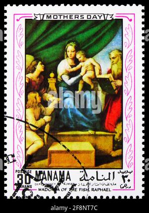 MOSCOW, RUSSIA - OCTOBER 5, 2019: Postage stamp printed in Manama (Bahrain) shows Madonna of the fish, Paintings by Raphael serie, circa 1970 Stock Photo