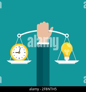 Businessman hand holds white mechanical scales with clock and light bulb in pans. Idea value, solution and expenses balance. Justice, law scale. Vecto Stock Vector