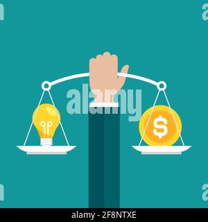 Businessman hand holds mechanical scales with dollar coin and light bulb in pans. Idea value, solution and expenses balance. Justice, law scale. Vecto Stock Vector