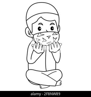 Muslim boy use orange shirt ,praying in iftar. ramadan night, using mask and healthy protocol.Vector character illustration. Stock Vector