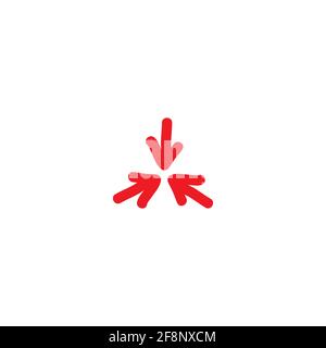 Three red hand drawn arrows point to the center. Triple Collide Arrows icon. Merge Directions icon. Vector illustration. Isolated on white. Stock Vector