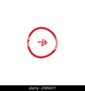 red hand drawn right arrow in circle cartoon icon. Isolated on white. Continue icon. Next sign. East arrow. Stock Vector