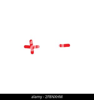 plus and minus hand drawn signs. red thin flat vector icons isolated on white. Add or plus purchase pictogram. Good for web and mobile design. Stock Vector